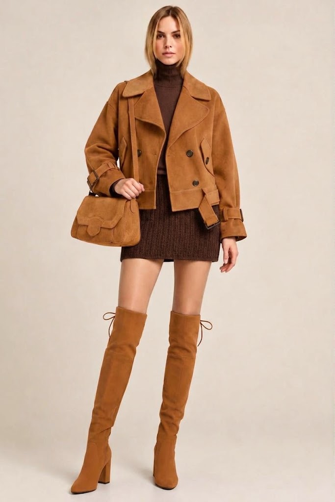 Women's camel custom-made thigh-high boots with round toe and high block heel- Top view